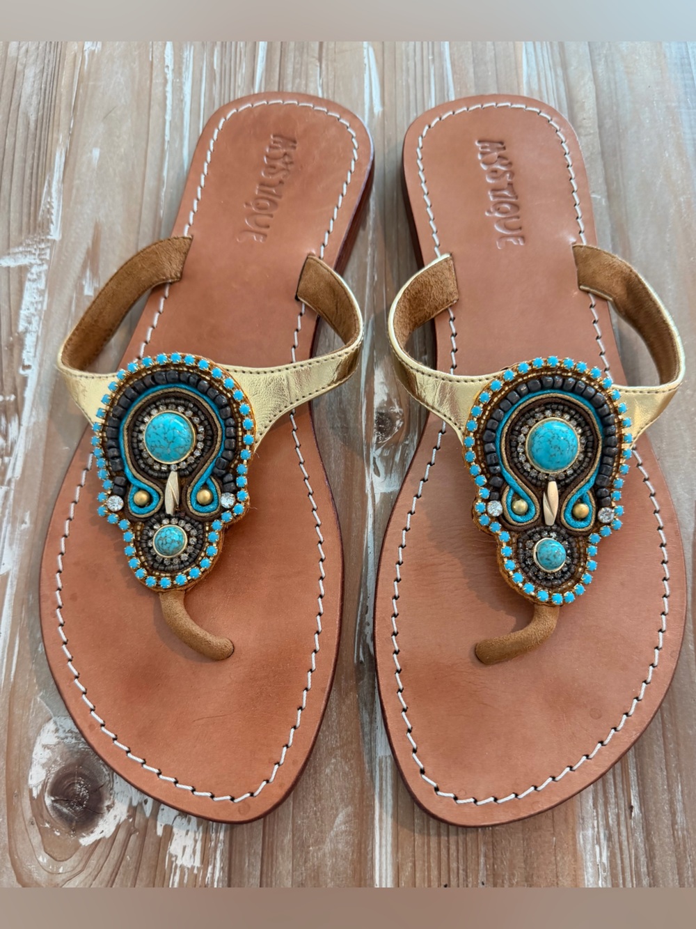 Mystique Embellished Gold & Turquoise Leatther Flip Flop Sandals (Size 9)